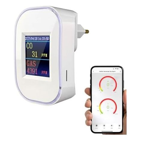 WLAN-Gas- und Kohlenmonoxidmelder mit Stecker, LED-Anzeige, akustischem Alarm, Smart Life/Tuya App, zertifiziert nach EN50291 & EN50194, für Erdgas, Flüssiggas, Propan, Butan - (1/5)