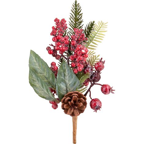 Ramo decorativo color verde e bacche rosse innevate per decorazioni e composizioni di fiori -26 cm (1/3)