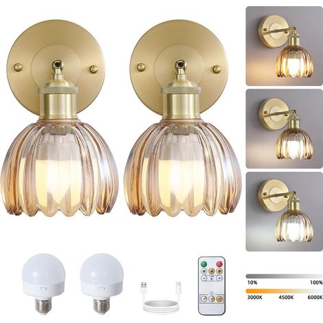Lot de 2 appliques murales LED rechargeables avec télécommande, lampe de chevet sans fil, intensité variable, 3 températures de couleur, avec ampoule (1/5)