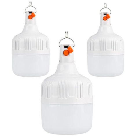 Lot de 3 lampes de camping LED rechargeables par USB - Lampe de tente super lumineuse - 3 modes d'éclairage - 30 W - Lampe de camping avec crochet