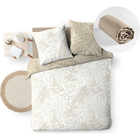 Pack Botanica Naturel 260 x 240 cm – Housse de Couette Réversible + Drap Housse Beige 160x200 cm
