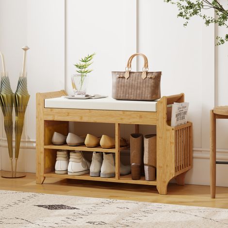 Banco Zapatero con Asiento Acolchado Almacenamiento Lateral Estante para Botas Marco de Bambú 80x30x50 cm Natural (1/5)