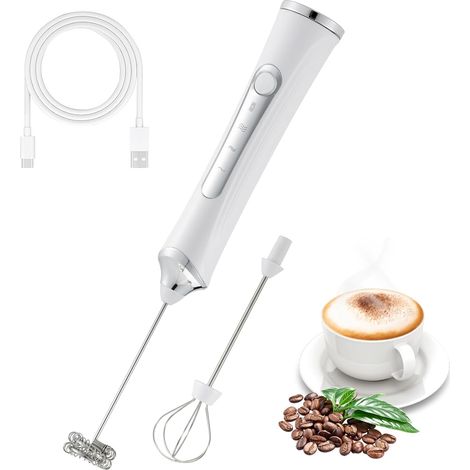 Mousseur à lait électrique portatif avec 2 têtes de mousse, rechargeable par USB, 3 vitesses (blanc) (1/5)