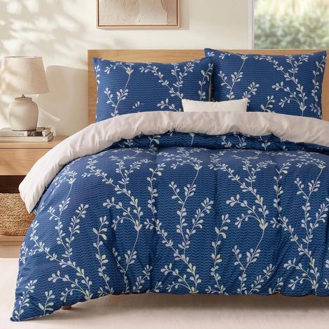 Bettwäsche-Set 155x220 cm, Mikrofaser, marineblau mit Botanik-Druck