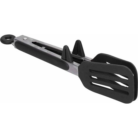 Spatule alimentaire en acier inoxydable et silicone avec pince, outil de cuisson pour barbecue et grillades à la maison, support noir de 23 cm.