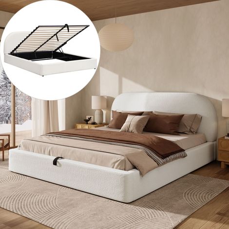 Lit coffre 180x200 cm avec fonction hydraulique - Lit avec rangement en bouclé, tête de lit rembourrée, sommier à lattes, grand espace de rangement - Beige