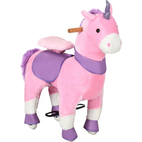 HOMCOM Cavallo a Dondolo Giocattolo da Equitazione con Ruote a Forma di Unicorno, Gioco Cavalcabile per Bambini da 3-6 Anni, 70x32x87cm, Rosa (1/5)
