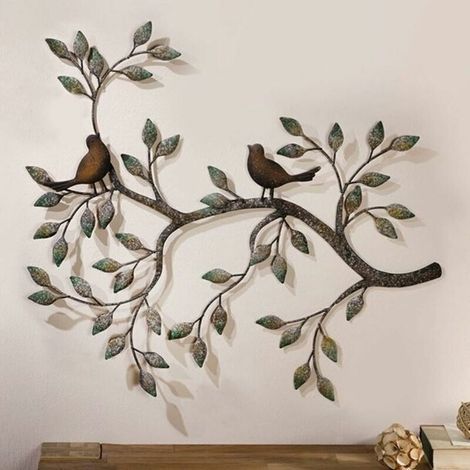 Oiseau Mural Art déco, Une Paire d'oiseaux d'amour sur Les Branches, Sculpture Murale en métal à Suspendre, décoration Murale en Fer forgé rétro, 22,8x 18,8 (1/5)