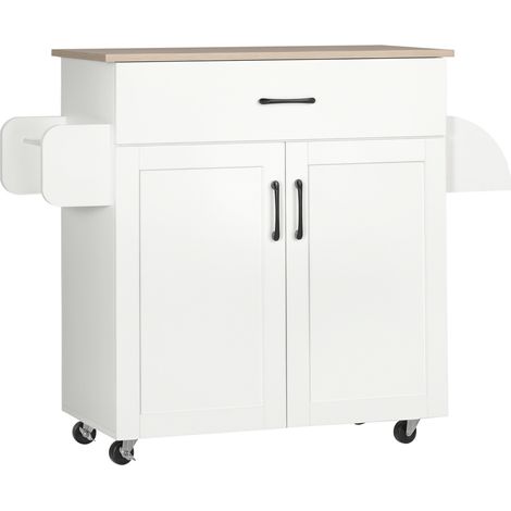 Chariot blanc sur roulettes 105x36x85 cm avec 1 tiroir, 2 portes, barre de suspension et étagère à épices, mobile cuisine fonctionnel design