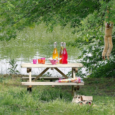 Cémonjardin – Table de pique-nique en bois chinchilla 4 places – Résistante aux intempéries – Bois européen traité autoclave classe III – Dimensions L 90 x lg 90 x ht 60 cm (1/3)