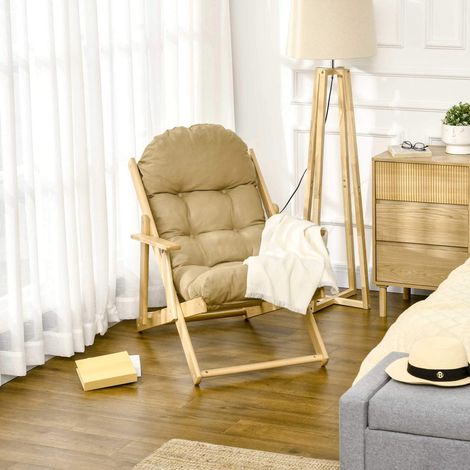 Fauteuil relax pliant 71x89x96 cm marron en mousse et bois de hêtre avec dossier inclinable 3 positions (1/5)