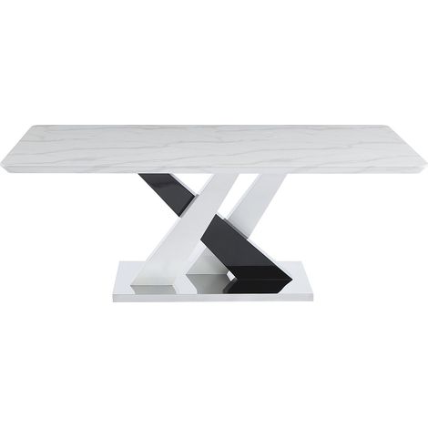 Table à manger 8 personnes en MDF et acier inoxydable - Effet marbre blanc et noir - EVAELA (1/4)