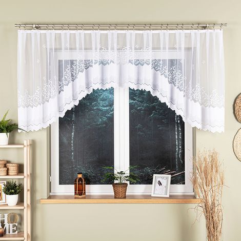 Cortina confeccionada Genowefa con bajorrelieve, jacquard, blanca, con adornos, 400x100 cm (1/5)