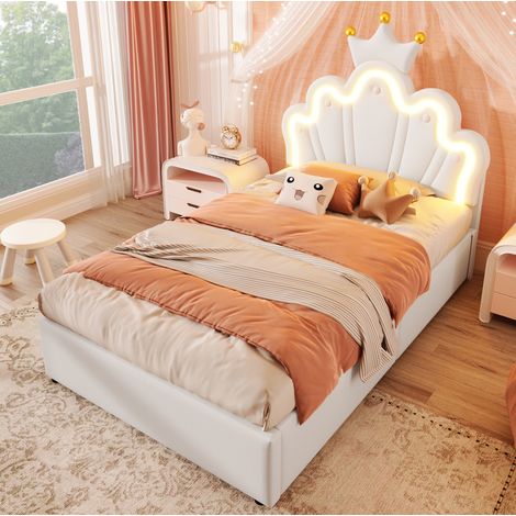 Cama tapizada 90/200 cm blanca de PU con LED, arcón hidráulico y cabecero regulable (1/5)