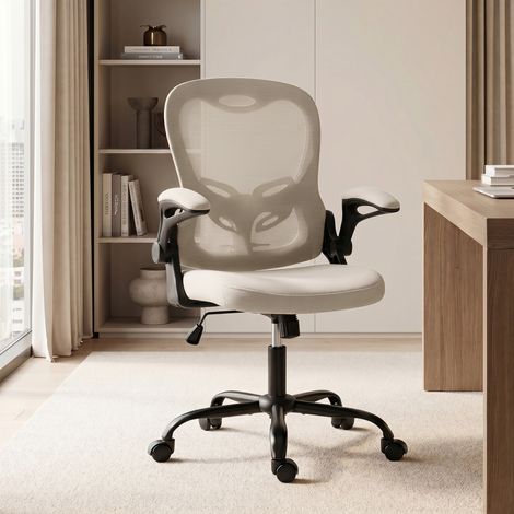 Chaise Bureau Ergonomique, Fauteuil de Bureau Maille, Accoudoirs Relevables, Hauteur Réglable, Fonction Bascule, Beige (1/5)