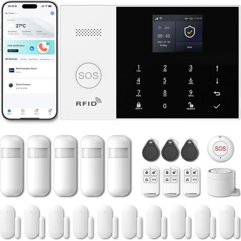1 Kit Alarme Sans Fil, Système Sécurité 4G WiFi, Sirène 120DB, Hub Rechargeable, Pour Maison Garage Bureau