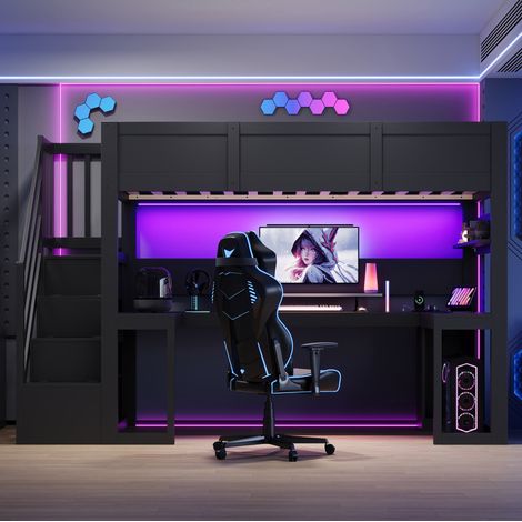 Lit mezzanine gaming 90 x 200 cm avec bureau, escalier de rangement, LED et USB, noir (1/5)