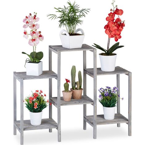 Relaxdays – Etagère à plantes 6 niveaux en bois de sapin gris – Dimensions H 70 x L 89 x P 27 cm – Charge max 35 kg – Pour intérieur salon cuisine - HLP 70 X