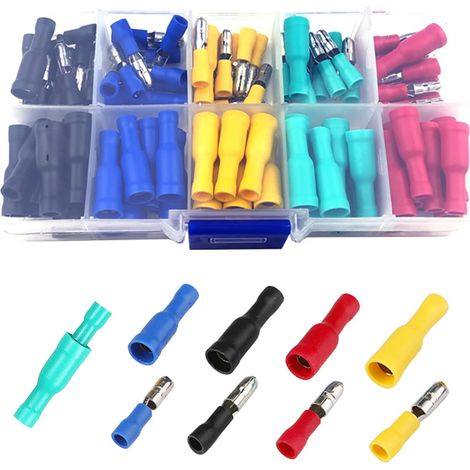 Electrical terminals, 100 pieces. Insulated crimp terminals and connector kits. Straight wire terminal connectors for automobiles (3 different sizes). (1/4)