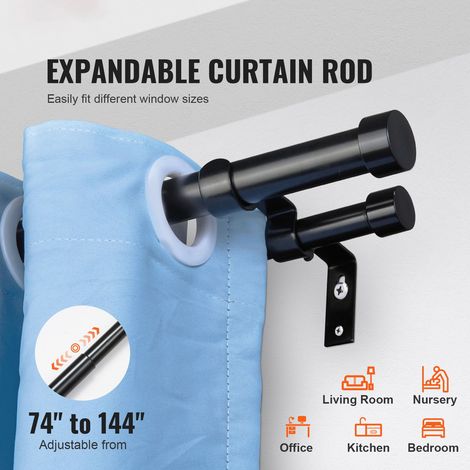 Barre à rideaux double extensibl 182,9-365,8 cm, tringle murale noire mat finition, Ø2,5 et 1,9 cm, pour voilages et rideaux occultants (1/5)