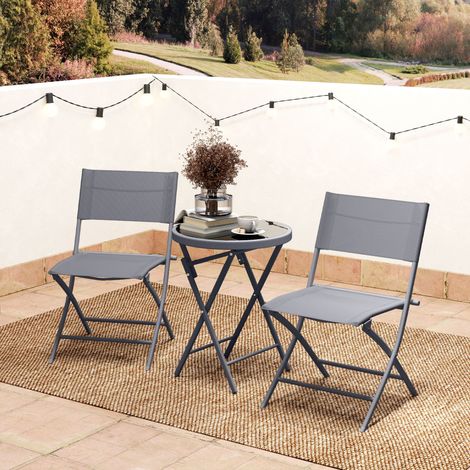 3-teiliges, klappbares Bistro-Set aus Metall, 2 Stühle und 1 runder Tisch, Gartenlounge für 2 Personen, grau