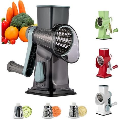 Multifunctional Vegetable Slicer, Kitchen Mandoline with 3 Detachable Drum Blades, Manual Kitchen Mandoline for Onions, Cheese, Carrots, Nuts, Cucumber, etc., Strong Suction (Grey) (1/5)
