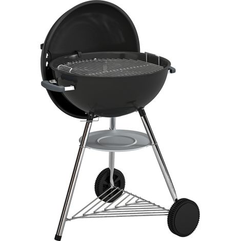 Barbecue a Carbone con griglia esterna rotonda, coperchio, termometro e ruote, Nero (1/5)