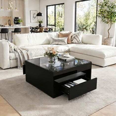 Table basse 70 x 70 x 35 cm avec 2 tiroirs, plateau en verre trempé, LED, noir HAVRYA (1/5)