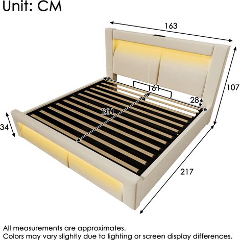 Lit double 160×200 cm beige velours,lit hydraulique avec rangement,LED contrôlable par appli,ports USB/Type-C,tête de lit courbée,sans matelas (1/5)