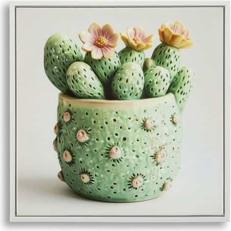 Stampa su tela laccata con vasetto di cactus A, 40x40 cm