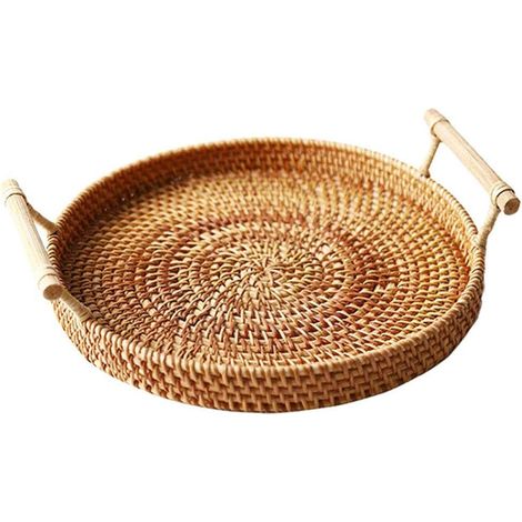 Panier En Rotin - Plateau De Rangement Ronde Avec Poignée - Pour Fruits Pain Pâtisseries - 22 cm 24 cm 28 cm (1/5)