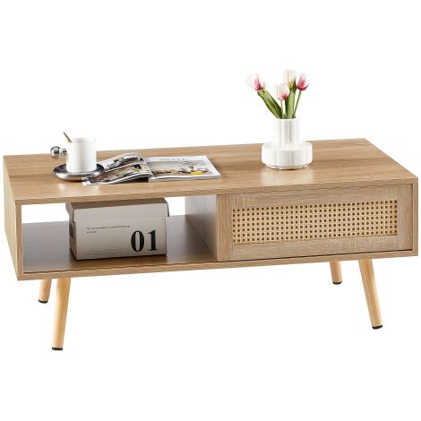 Table basse rotin porte coulissante pieds bois massif 40x105x55cm