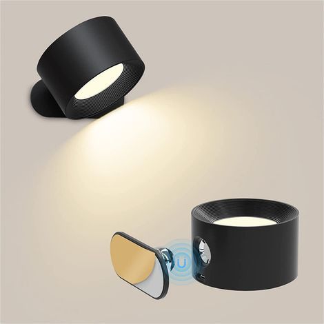 Lámpara de Pared Táctil LED con Puerto de Carga USB, Control Táctil, 3 Niveles de Brillo, 3 Temperaturas Rotativas 360°, 1 Unidad (Negro) (1/3)