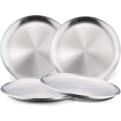 Lot de 4 assiettes rondes de 20 cm en acier inoxydable 304, style coréen, pour barbecue, fruits, plateau plat (argenté)