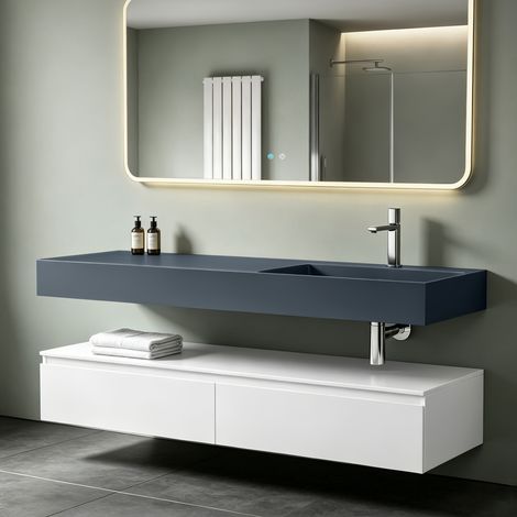 Mai & Mai Meuble de Salle de Bain Blanc Mat Ensemble de 2 Pièces Meuble avec Lavabo 150cm Meuble avec 2 Grands Tiroirs