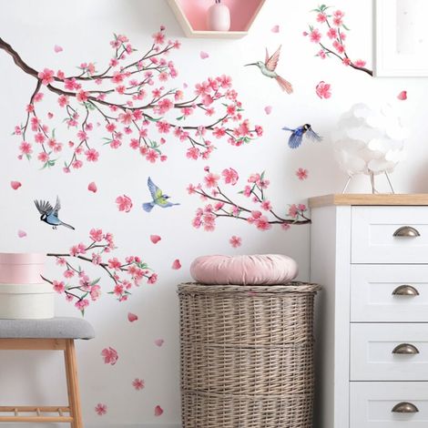 Stickers Muraux Fleurs de Cerisier Rose Autocollant Mural Floral Branche Vigne Oiseaux Décoration Murale Chambre Salon Fenetre (1/4)