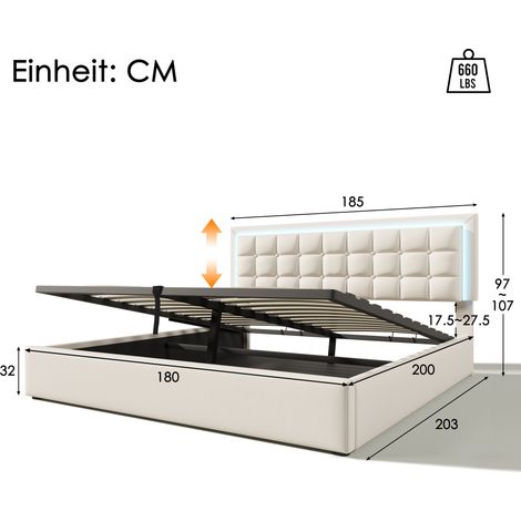 Lit double 180x200cm avec sommier intégré et espace de rangement, cadre blanc en similicuir équipé d’un ruban lumineux LED