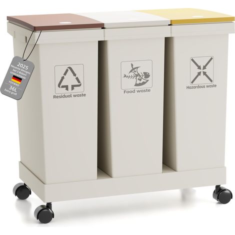 Lot de 3 poubelles de cuisine - Système de tri des déchets - 3 poubelles avec couvercle - 3 x 12 l - Poubelle de recyclage amovible avec roulettes - Système de tri des déchets pour papier, plastique (1/5)