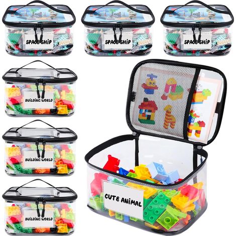 Lot de 6 sacs de rangement transparents pour jouets avec étiquette nominative et pochette pour manuel, étui de rangement imperméable en PVC transparent pour briques Lego, jeux de société, blocs de con (1/5)