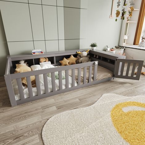 Cama infantil de madera gris de 90x200 cm con almacenamiento integrado, barandillas de seguridad y somier de láminas.