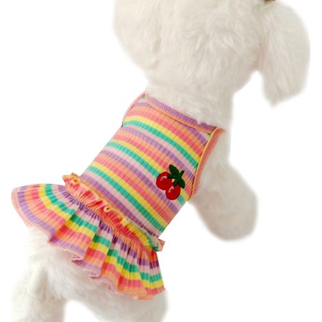 1 robe pour chien, jupe à rayures et motif cerises, coton doux, taille ajustable avec ceintures élastiques, pour petites races (1/5)