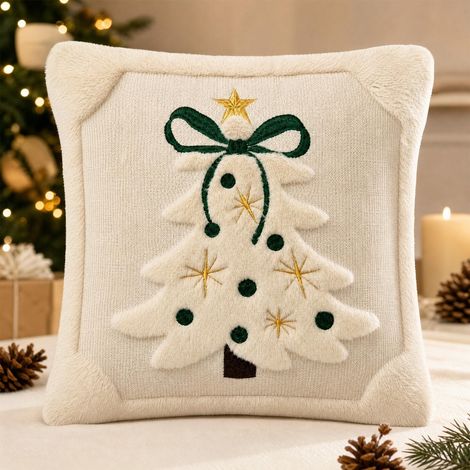 Housse de Coussin Décoratif Carré de Noël Blanc Cassé 45 x 45 cm, Broderie Matelassée 3D avec Nœud, Taie Moelleuse pour Canapé Chambre (1/5)