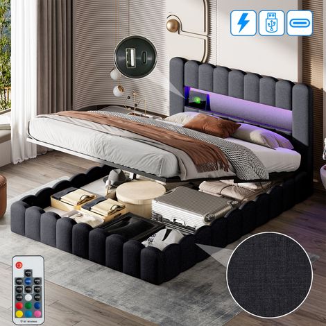 Stauraumbett 180x200 cm, mit LED-Licht, hydraulischem Stauraum, USB-A/C-Ladung, Gitterform, Lattenrost, gepolstertes Doppelbett aus Leinen – Grau