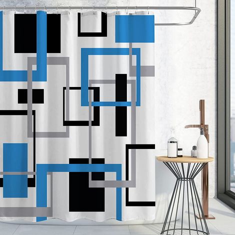 Rideau De Douche - Polyester Imperméable - Motif Géométrique Abstrait - 72 x 72 Pouces - 12 Anneaux Métalliques - Bleu Noir Gris (1/5)