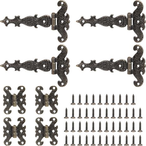 8 charnières vintage en bronze rétro, en T, robustes, avec vis décoratives pour portes, armoires, boîtes à bijoux, 2 modèles. (1/5)