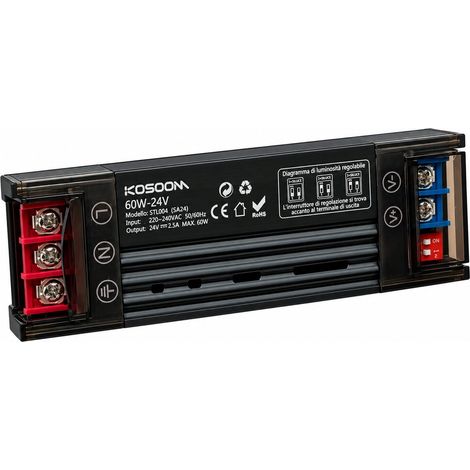 Trasformatore LED slim 24V dimmerabile DIP, alimentatore sottile IP20 uso interno, Disponibili 60W 100W 150W 200W 300W (60W)