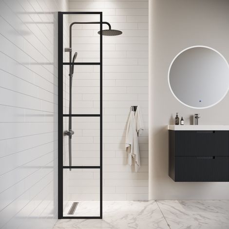 Badplaats – Paroi de douche fixe 40 x 200 cm – Verre de sécurité 8 mm – Traitement anticalcaire – Profilé noir en aluminium