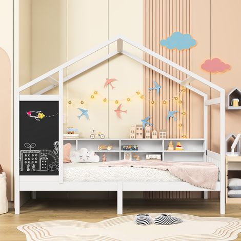 Letto a capanna 90x200 cm con ripiani portaoggetti e lavagna, letto singolo, rete a doghe, design moderno, legno massello - Bianco (1/5)