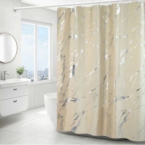 Simple Silver Marbled Shower Curtain - 180x180cm,, Rideau de douche en polyester lavable en machine avec ourlet inférieur lesté et 12 crochets (Beige) (1/5)