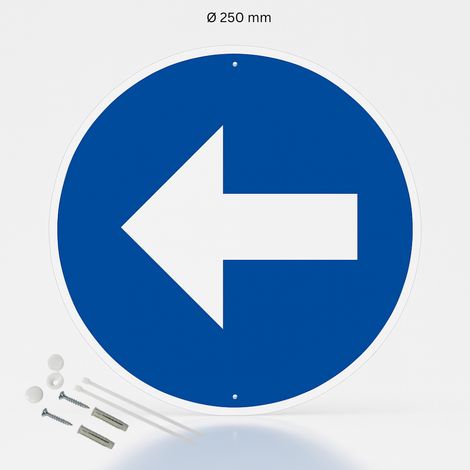 Flèche à gauche panneau de signalisation rond en pvc rigide prépercé avec kit de fixation complet - Diamètre 250 mm